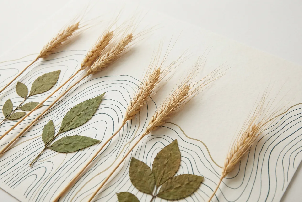 Dried wheat stalks and pressed leaves rest on a patterned paper background, illustrating resources for agriculture studies.