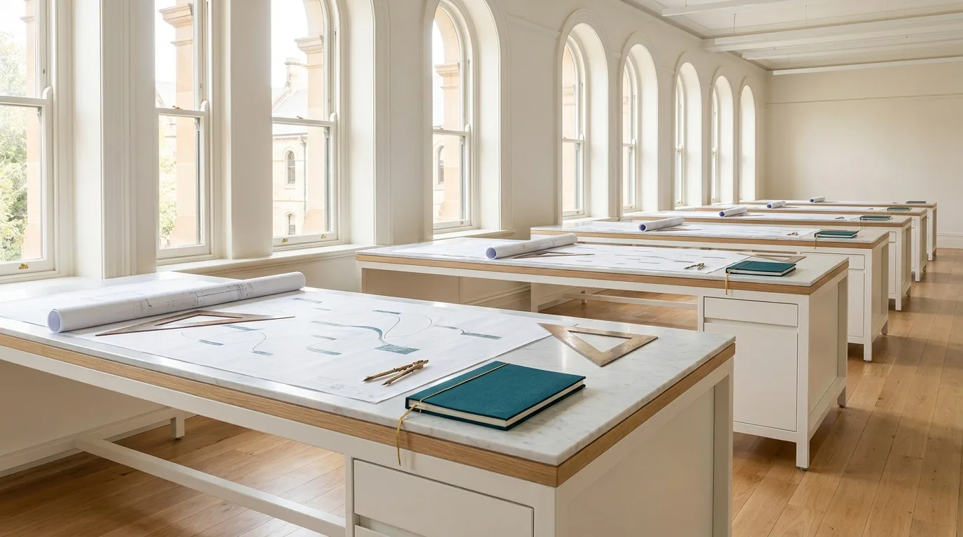 A bright architecture studio shows drafting tables and course maps, reflecting AHEG Resources’ higher education resource.