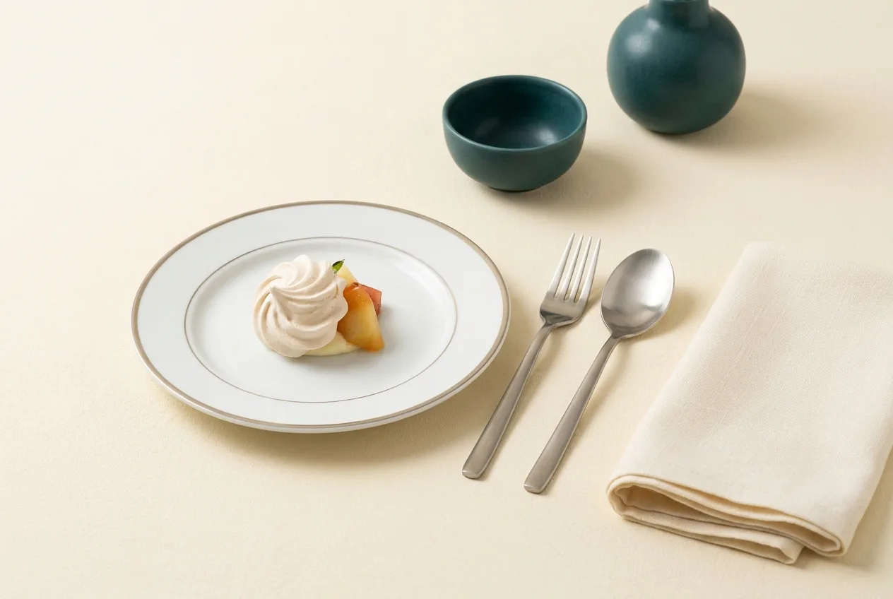A dessert plate with whipped cream and fruit is shown, representing the Food, Hospitality and Personal Services field in our.