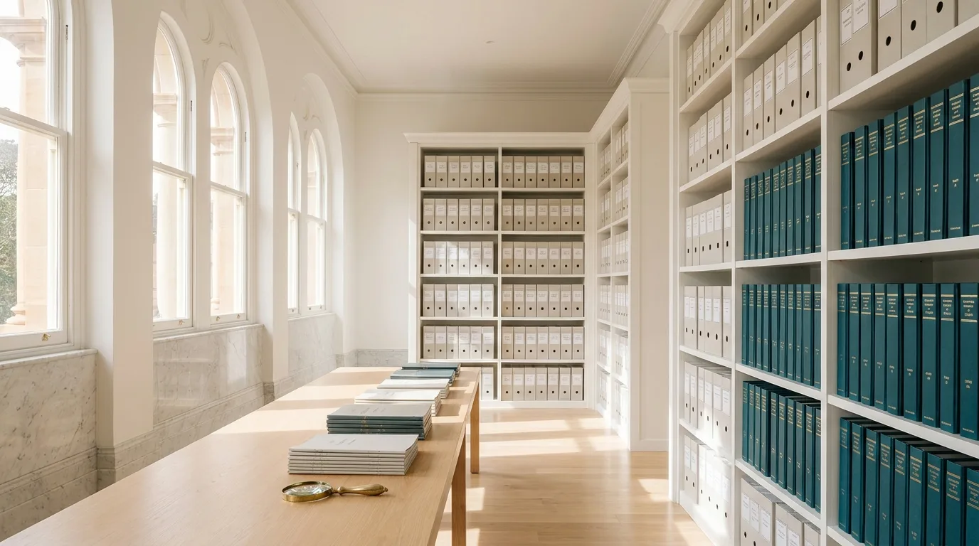 A long room with wooden tables and shelves filled with binders showcases a well-organized archive of governance records.
