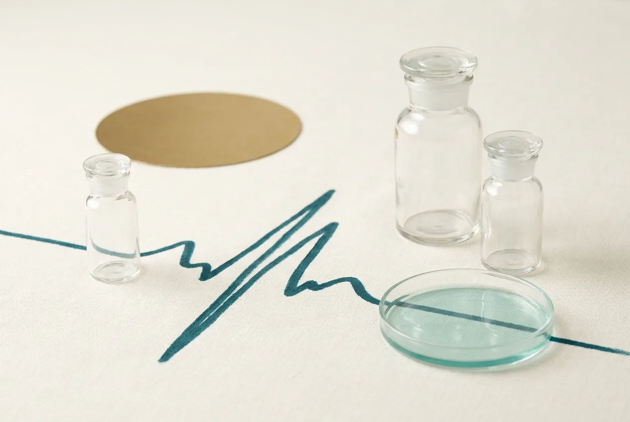 Medical vials and a petri dish with an EKG line represent resources for higher education healthcare courses.