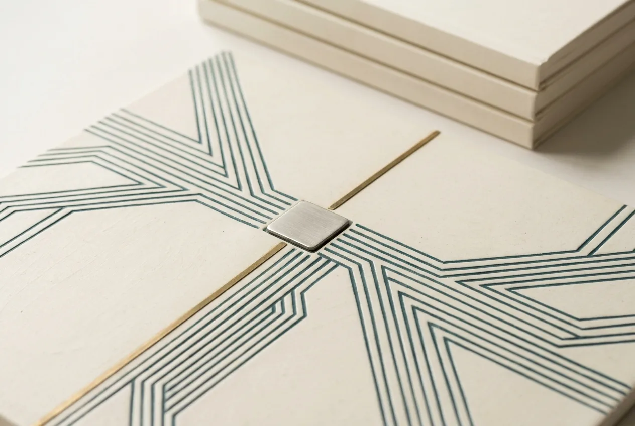 A patterned tile with a metal inlay sits near stacked white tiles, illustrating resources for information technology.