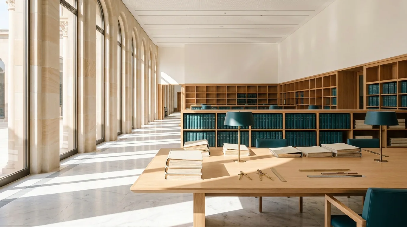 A bright library with long wooden tables and bookshelves provides a welcoming study space for higher education.