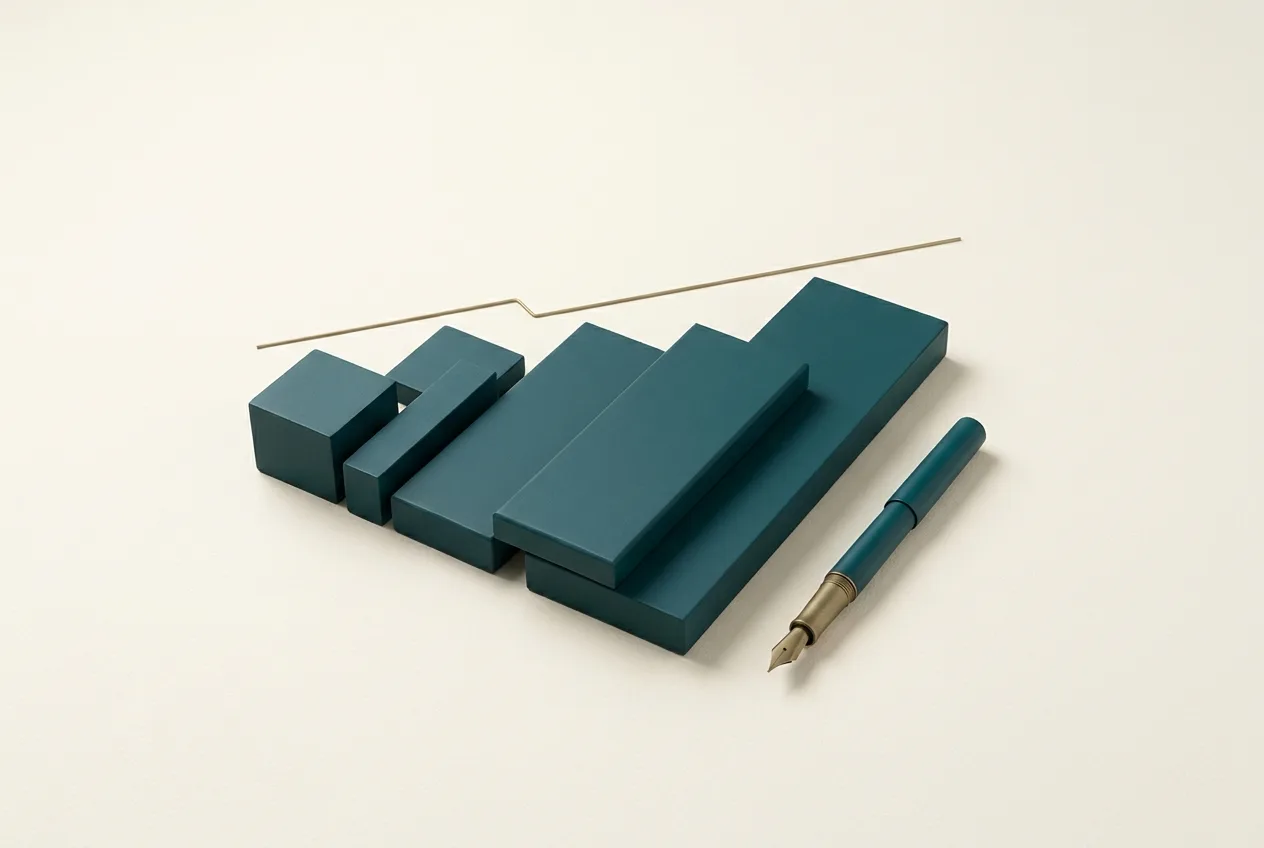 A teal pen and stacked blocks represent resources for management and commerce education.