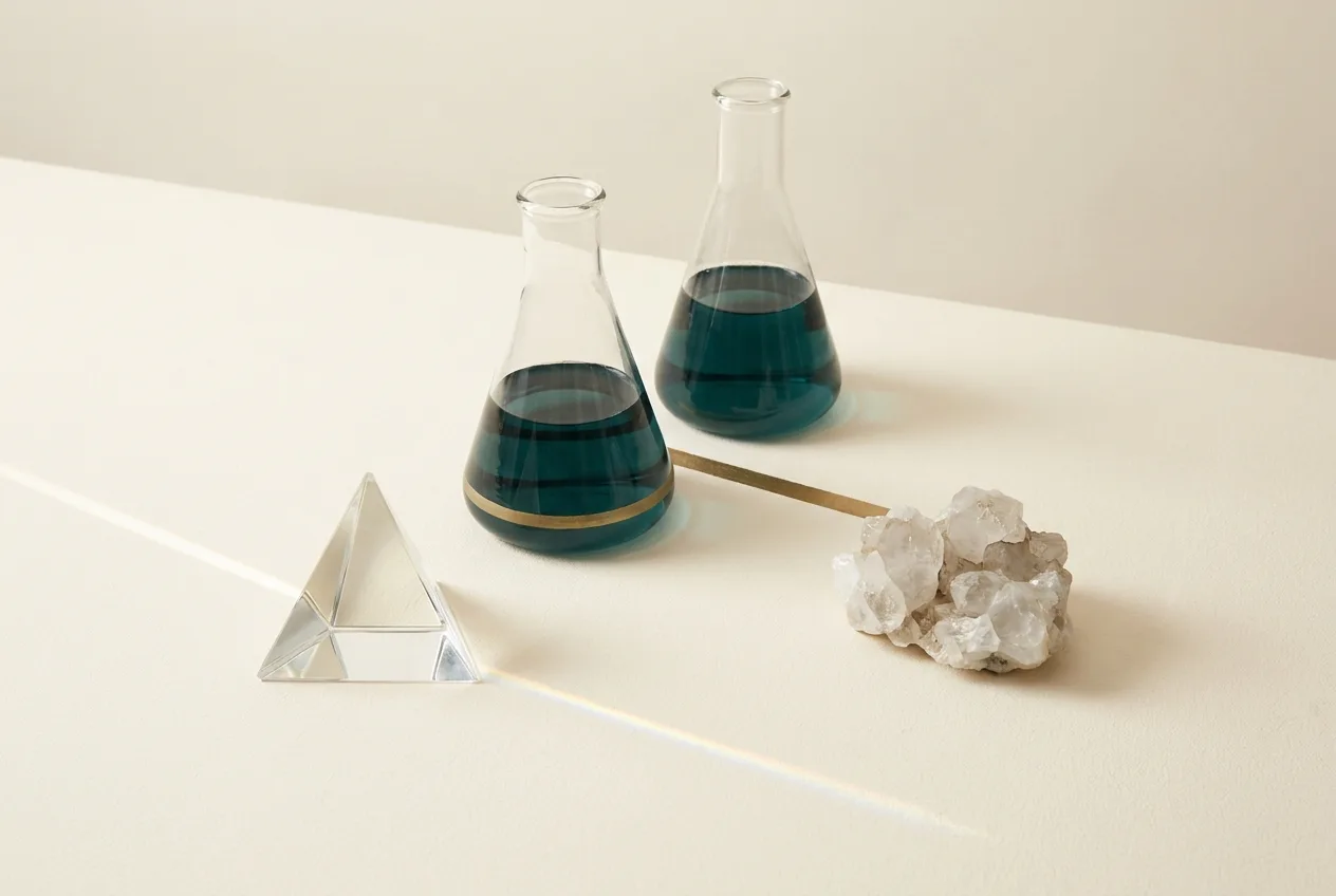 A still life of laboratory equipment including erlenmeyer flasks with blue liquid, a crystal and prism representing natural.