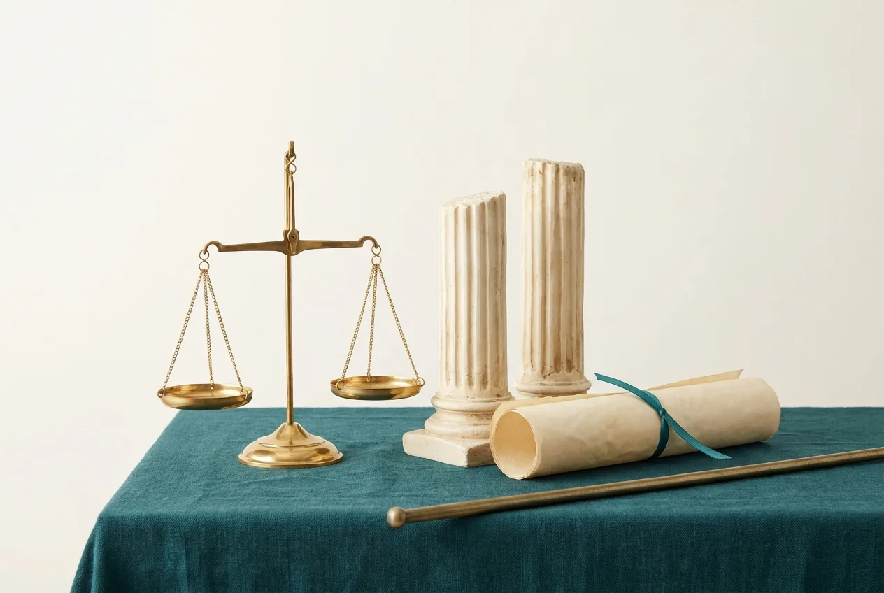 Scales of justice, columns and parchment represent the field of Society and Culture within our higher education resource.